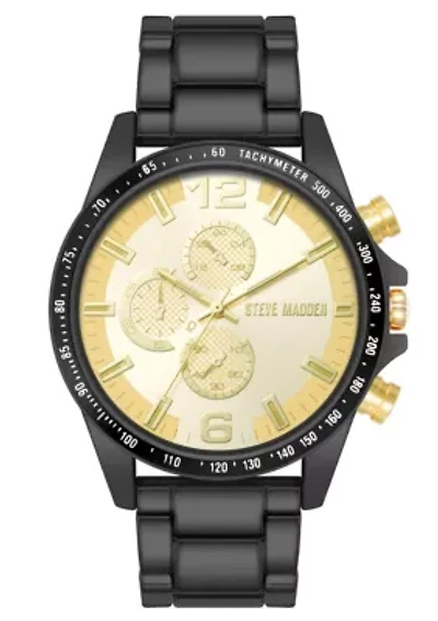 Steve Madden Men's Iconic Champagne and Black Alloy Metal Watch, 45mm
