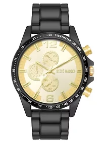 Steve Madden Men's Iconic Champagne and Black Alloy Metal Watch, 45mm