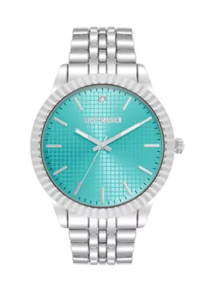 Steve Madden Men's Coin Edge Turquoise and Silver-Tone Alloy Metal Watch, 44mm
