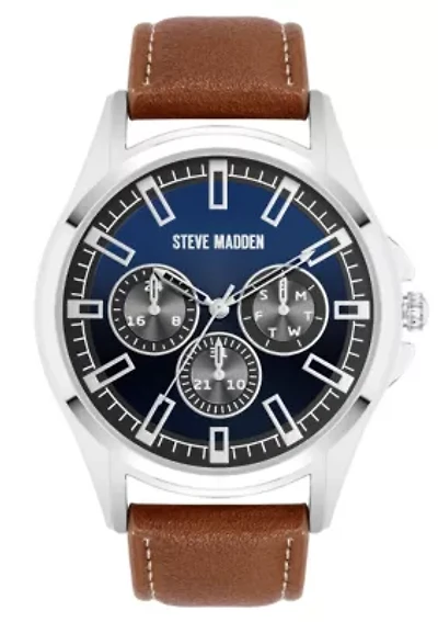 Steve Madden Men's Signature Blue and Brown Faux Leather Silver-Tone Alloy Metal Watch, 45mm
