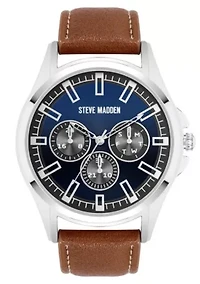 Steve Madden Men's Signature Blue and Brown Faux Leather Silver-Tone Alloy Metal Watch, 45mm