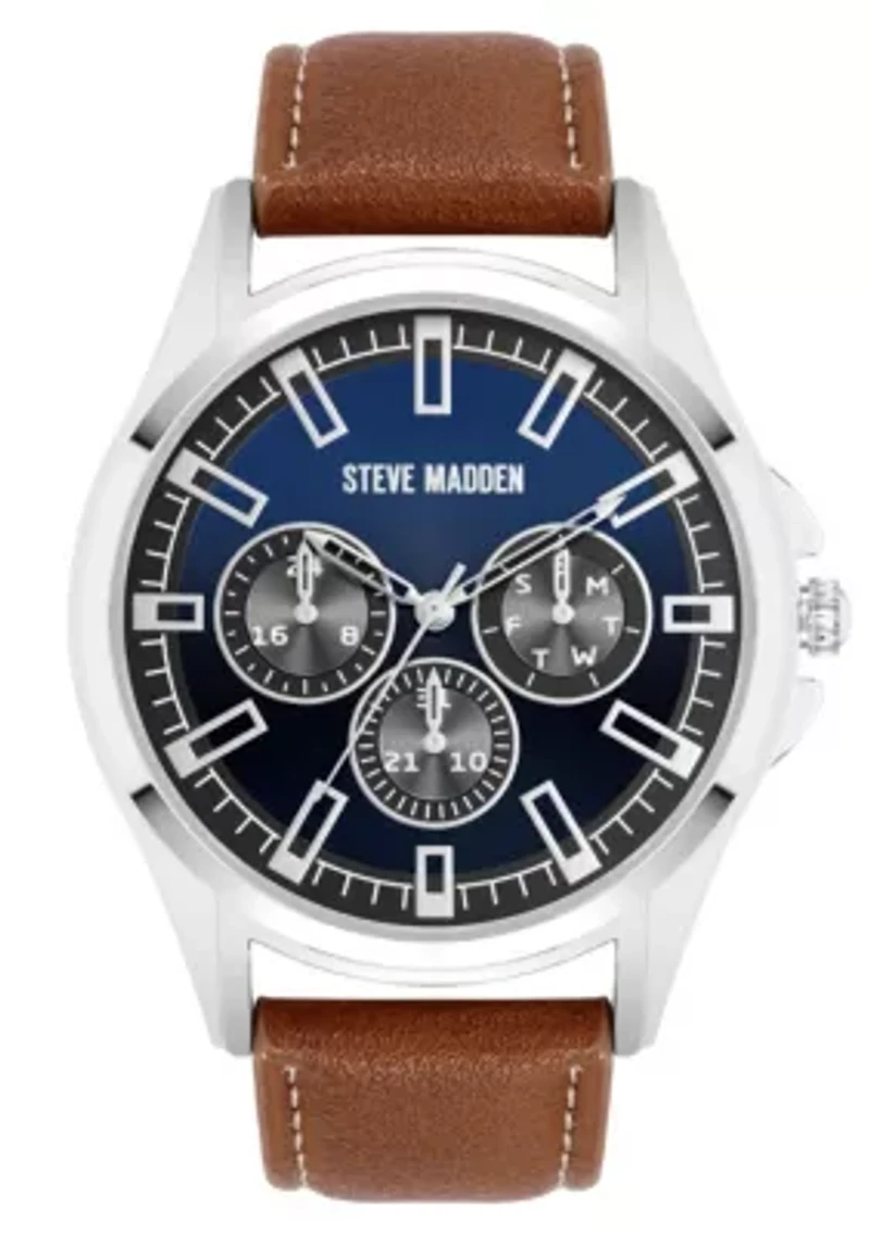 Steve Madden Men's Signature Blue and Brown Faux Leather Silver-Tone Alloy Metal Watch, 45mm
