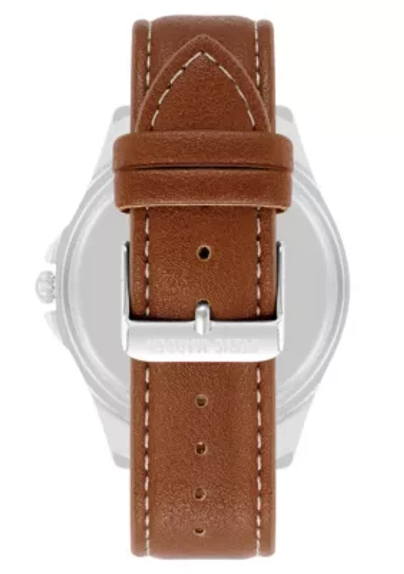 Steve Madden Men's Signature Blue and Brown Faux Leather Silver-Tone Alloy Metal Watch, 45mm