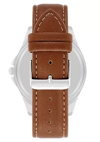 Steve Madden Men's Signature Blue and Brown Faux Leather Silver-Tone Alloy Metal Watch, 45mm