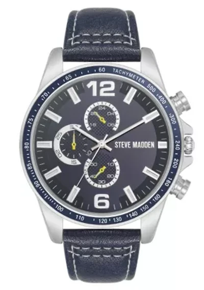 Steve Madden Men's Modern Navy Faux Leather and Silver-Tone Alloy Metal Watch, 45mm