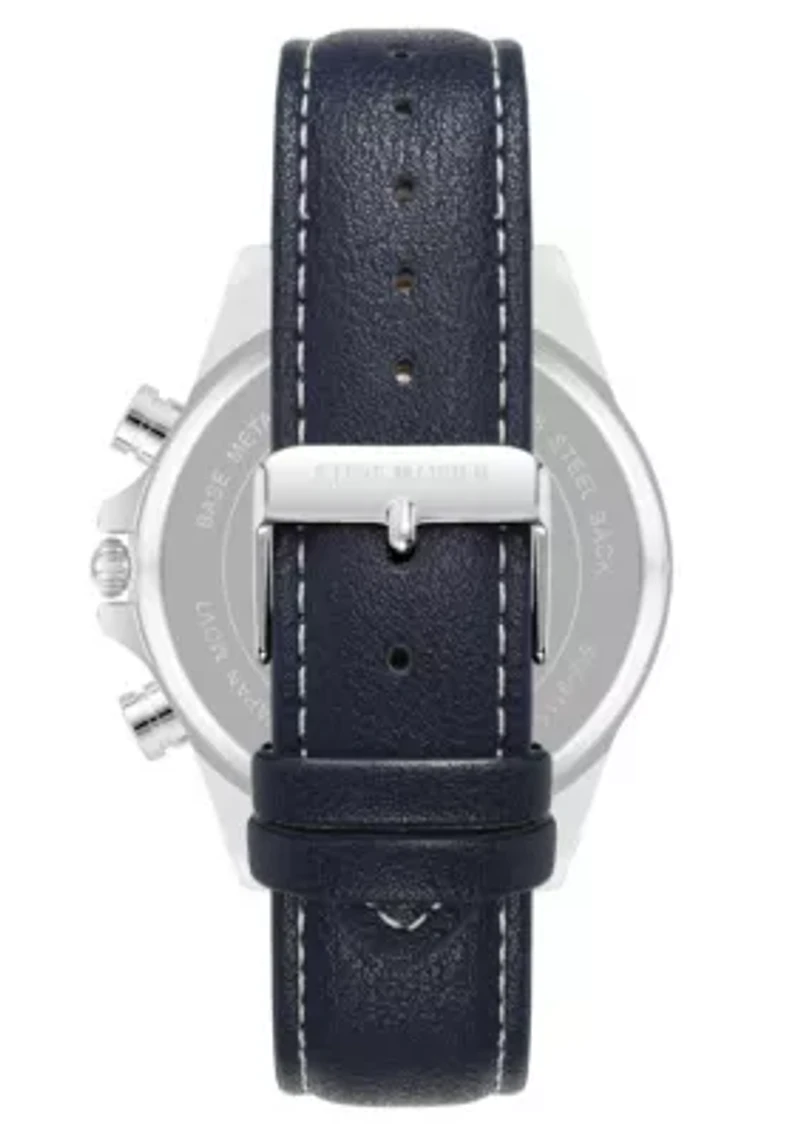 Steve Madden Men's Modern Navy Faux Leather and Silver-Tone Alloy Metal Watch, 45mm