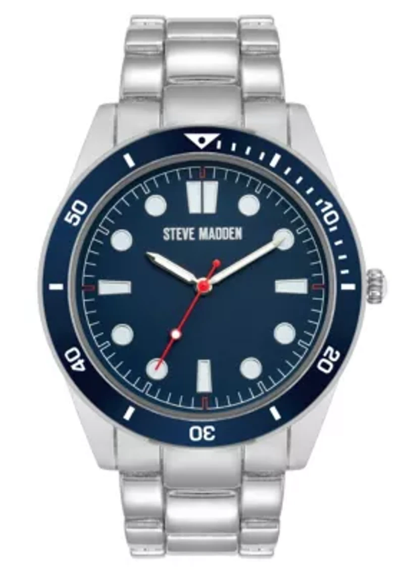 Steve Madden Men's Essential Blue/Black Silver-Tone Alloy Metal Watch, 45mm
