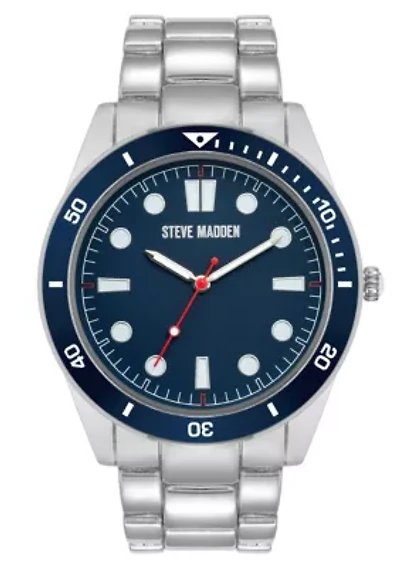 Steve Madden Men's Essential Blue/Black Silver-Tone Alloy Metal Watch, 45mm