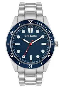 Steve Madden Men's Essential Blue/Black Silver-Tone Alloy Metal Watch, 45mm
