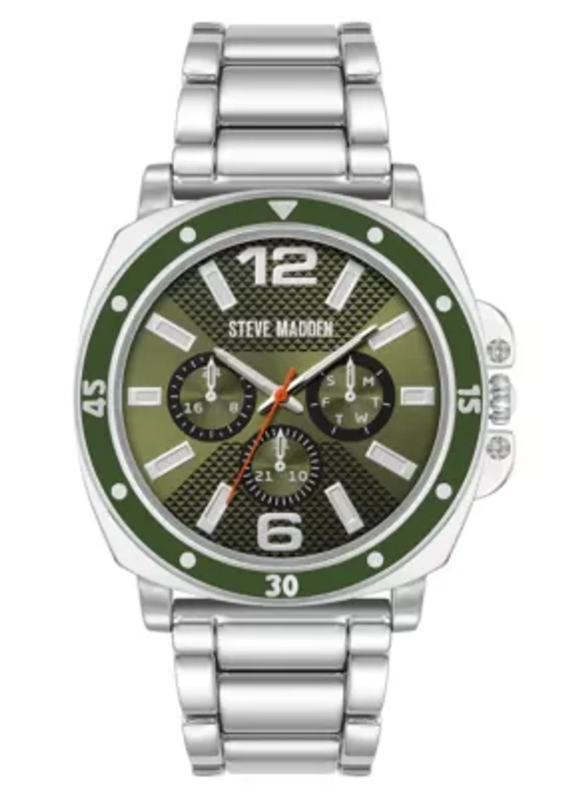 Steve Madden Men's Polished Green and Silver-Tone Alloy Metal Watch, 45mm