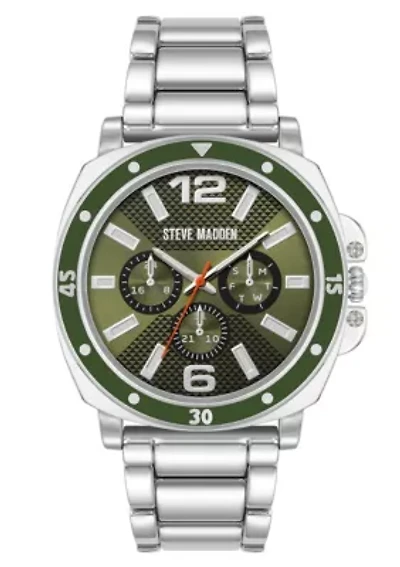 Steve Madden Men's Polished Green and Silver-Tone Alloy Metal Watch, 45mm