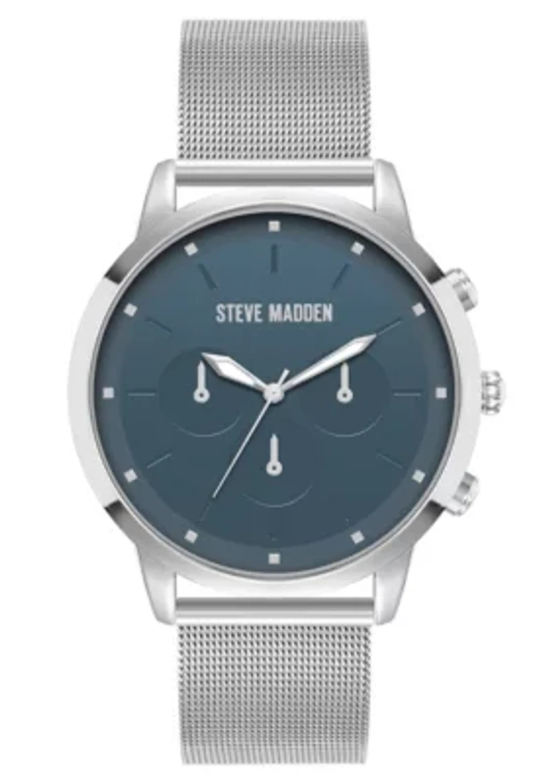 Steve Madden Men's Minimalist Blue and Silver-Tone Stainless Steel Mesh Watch, 45mm