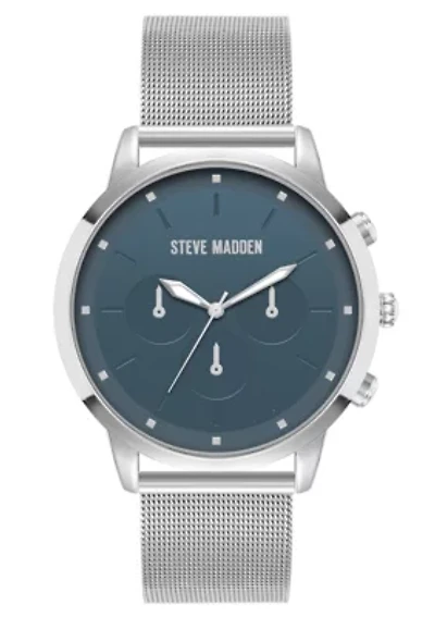 Steve Madden Men's Minimalist Blue and Silver-Tone Stainless Steel Mesh Watch, 45mm