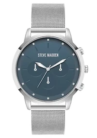 Steve Madden Men's Minimalist Blue and Silver-Tone Stainless Steel Mesh Watch, 45mm