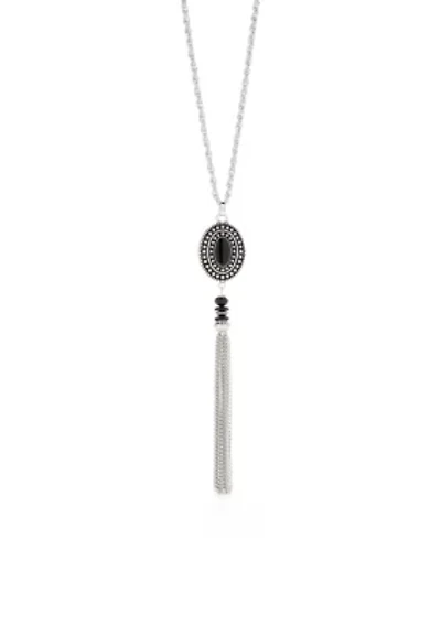 Silver Tone Epoxy Oval Pendant Tassel Necklace