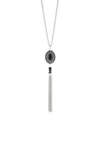 Silver Tone Epoxy Oval Pendant Tassel Necklace