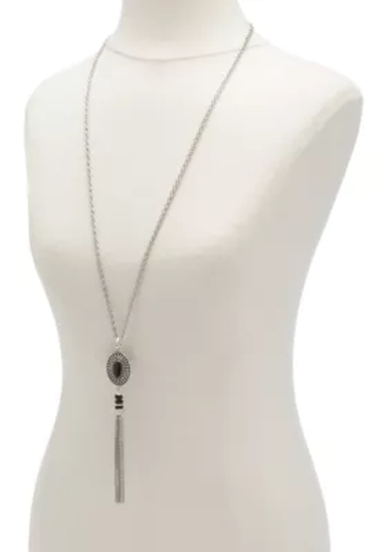 Silver Tone Epoxy Oval Pendant Tassel Necklace
