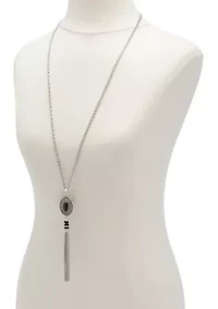 Silver Tone Epoxy Oval Pendant Tassel Necklace