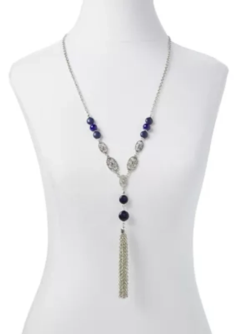 Silver Tone 28.5" Beaded Tassel Necklace