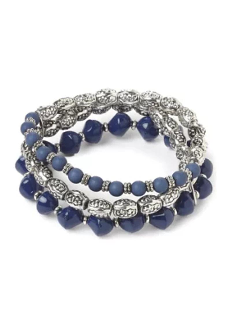 Set of 3 Blue Beaded Stretch Bracelets