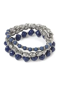 Set of 3 Blue Beaded Stretch Bracelets