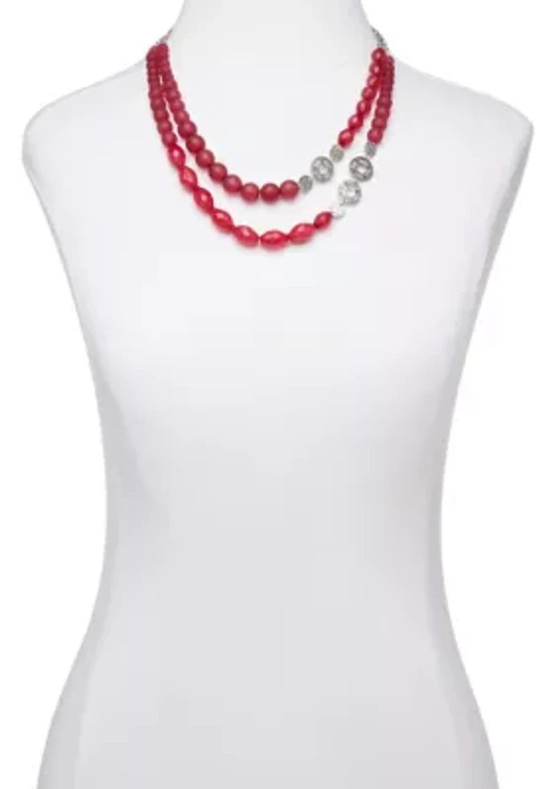Silver Tone Beaded Double Row Necklace