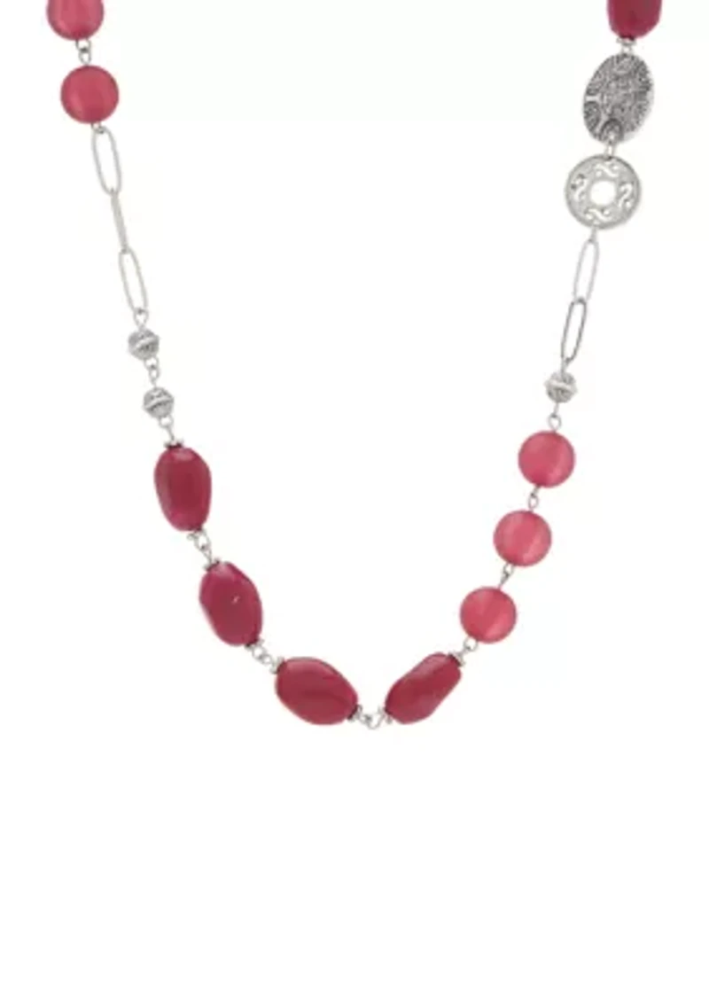 Silver Tone 35" + 3" Extender Long Berry Bead and Textured Disc Necklace 