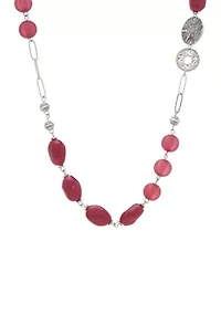 Silver Tone 35" + 3" Extender Long Berry Bead and Textured Disc Necklace 