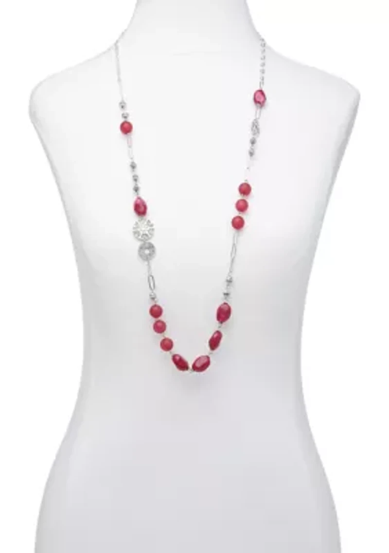 Silver Tone 35" + 3" Extender Long Berry Bead and Textured Disc Necklace 