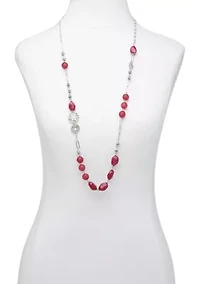 Silver Tone 35" + 3" Extender Long Berry Bead and Textured Disc Necklace 