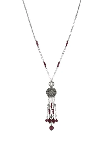 Silver Tone Long Disc Pendant Beaded Tassel Necklace