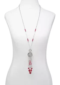 Silver Tone Long Disc Pendant Beaded Tassel Necklace