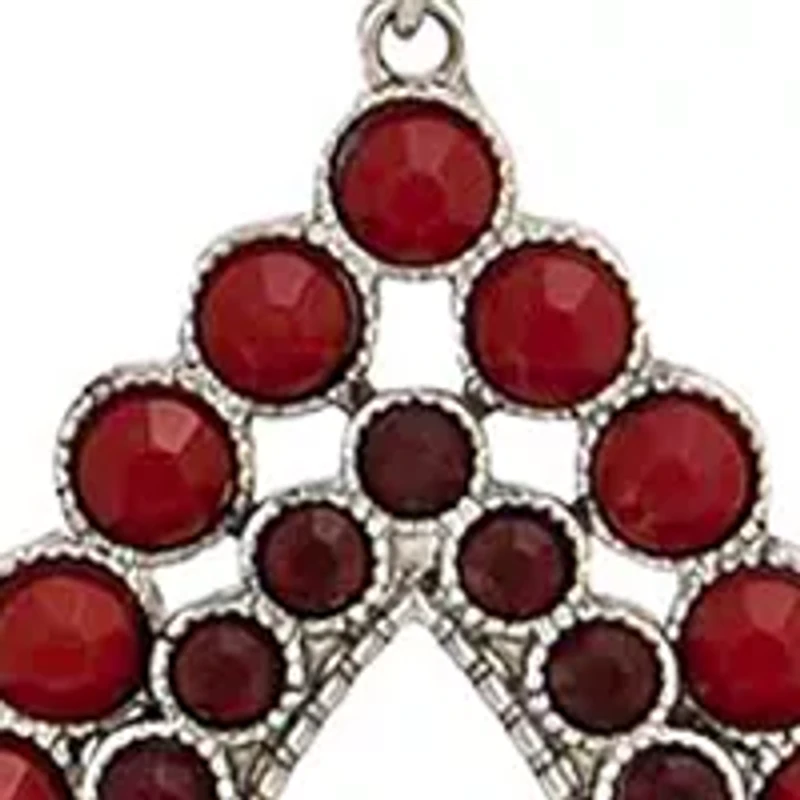 Silver Tone 34" + 3" Extender Long Open Red Stone Teardrop Pendant Necklace on Red Bead Accented Chain
