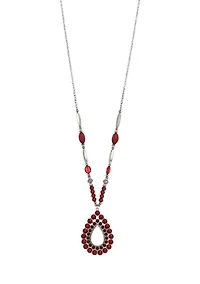 Silver Tone 34" + 3" Extender Long Open Red Stone Teardrop Pendant Necklace on Red Bead Accented Chain