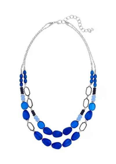 Silver Blue Beaded Two Row Short Necklace