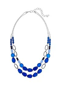 Silver Blue Beaded Two Row Short Necklace