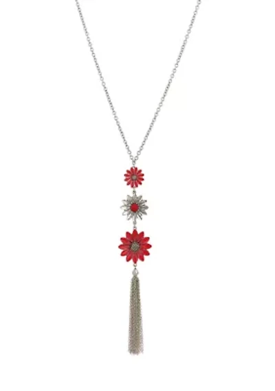 Triple Flower Long Tassel Pendant Necklace
