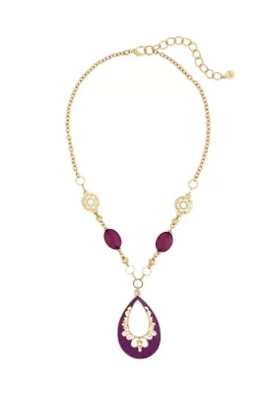 Gold Tone Short Fuchsia Filigree Teardrop Pendant Bead Accent Chain Necklace