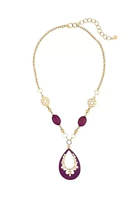 Gold Tone Short Fuchsia Filigree Teardrop Pendant Bead Accent Chain Necklace