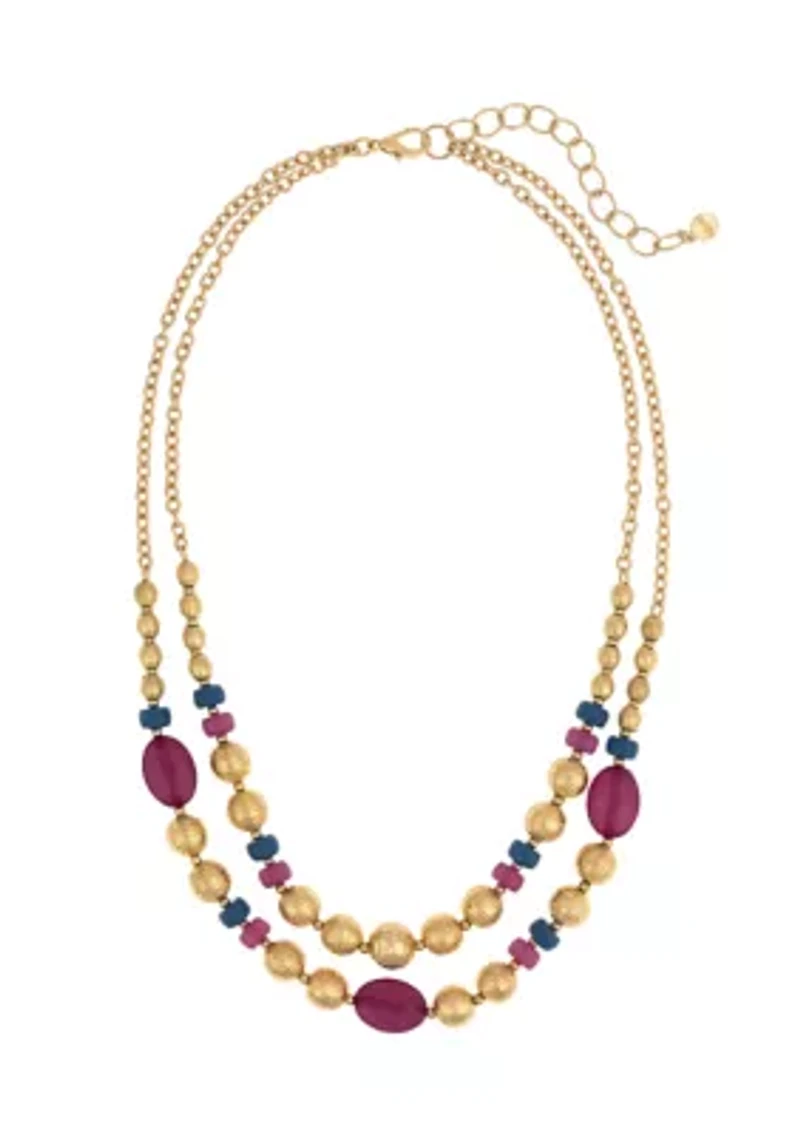 Gold Tone 2 Row Multi Colored Beaded Frontal Necklace