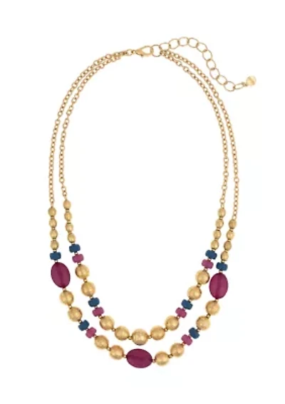 Gold Tone 2 Row Multi Colored Beaded Frontal Necklace