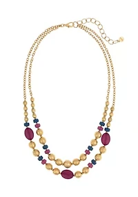 Gold Tone 2 Row Multi Colored Beaded Frontal Necklace