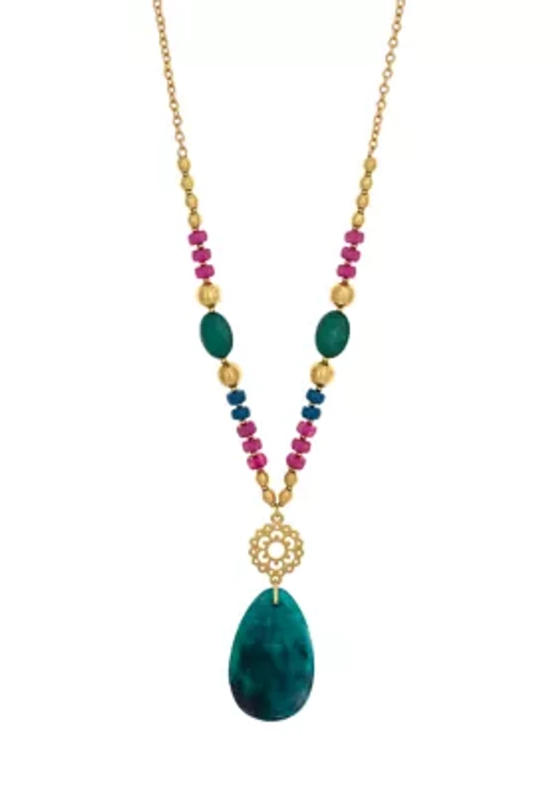 Gold Tone Long Multi Colored Frontal Beaded Teardrop Pendant Necklace