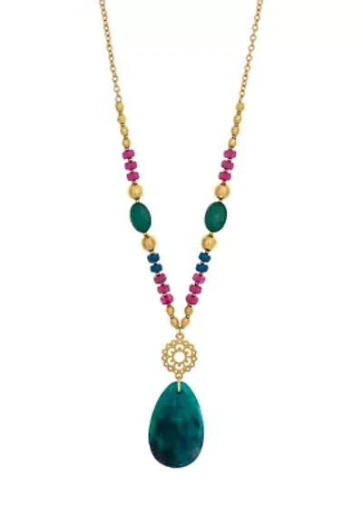 Gold Tone Long Multi Colored Frontal Beaded Teardrop Pendant Necklace