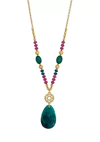 Gold Tone Long Multi Colored Frontal Beaded Teardrop Pendant Necklace
