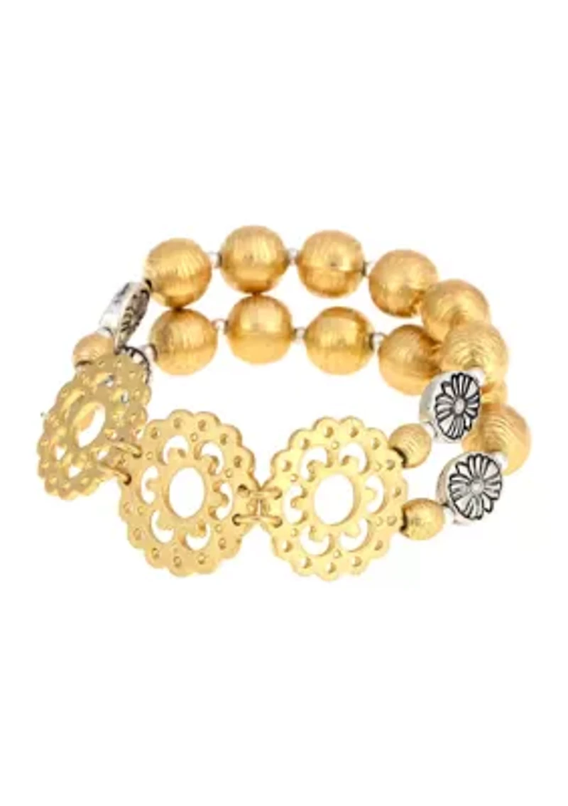 Two Tone Double Row Gold and Silver Tone Beaded Stretch Bracelet