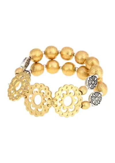 Two Tone Double Row Gold and Silver Tone Beaded Stretch Bracelet