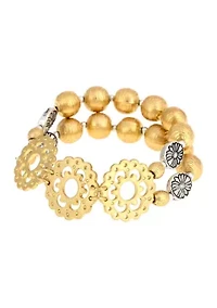 Two Tone Double Row Gold and Silver Tone Beaded Stretch Bracelet