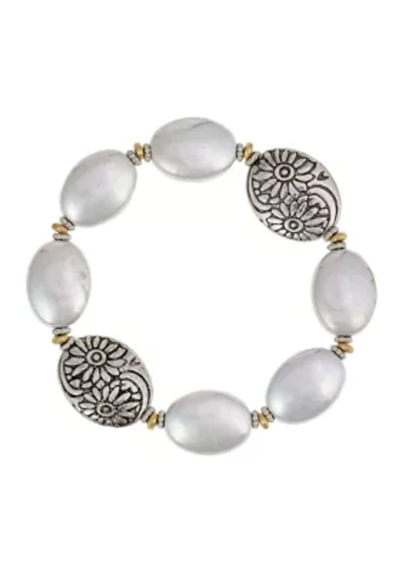 Two-Tone Oval Bead Stretch with Etched Bead Accent Bracelet