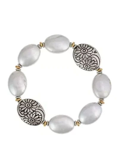 Two-Tone Oval Bead Stretch with Etched Bead Accent Bracelet
